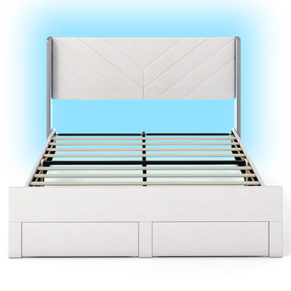 King Size Bed Frame with LED Lights Dutch Velvet Upholstered Platform Bed-Beige