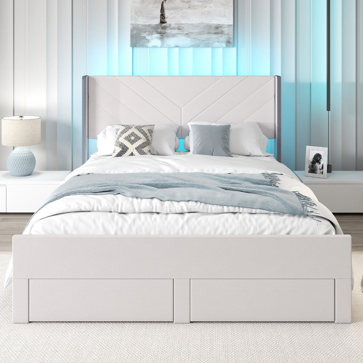 King Size Bed Frame with LED Lights Dutch Velvet Upholstered Platform Bed-Beige