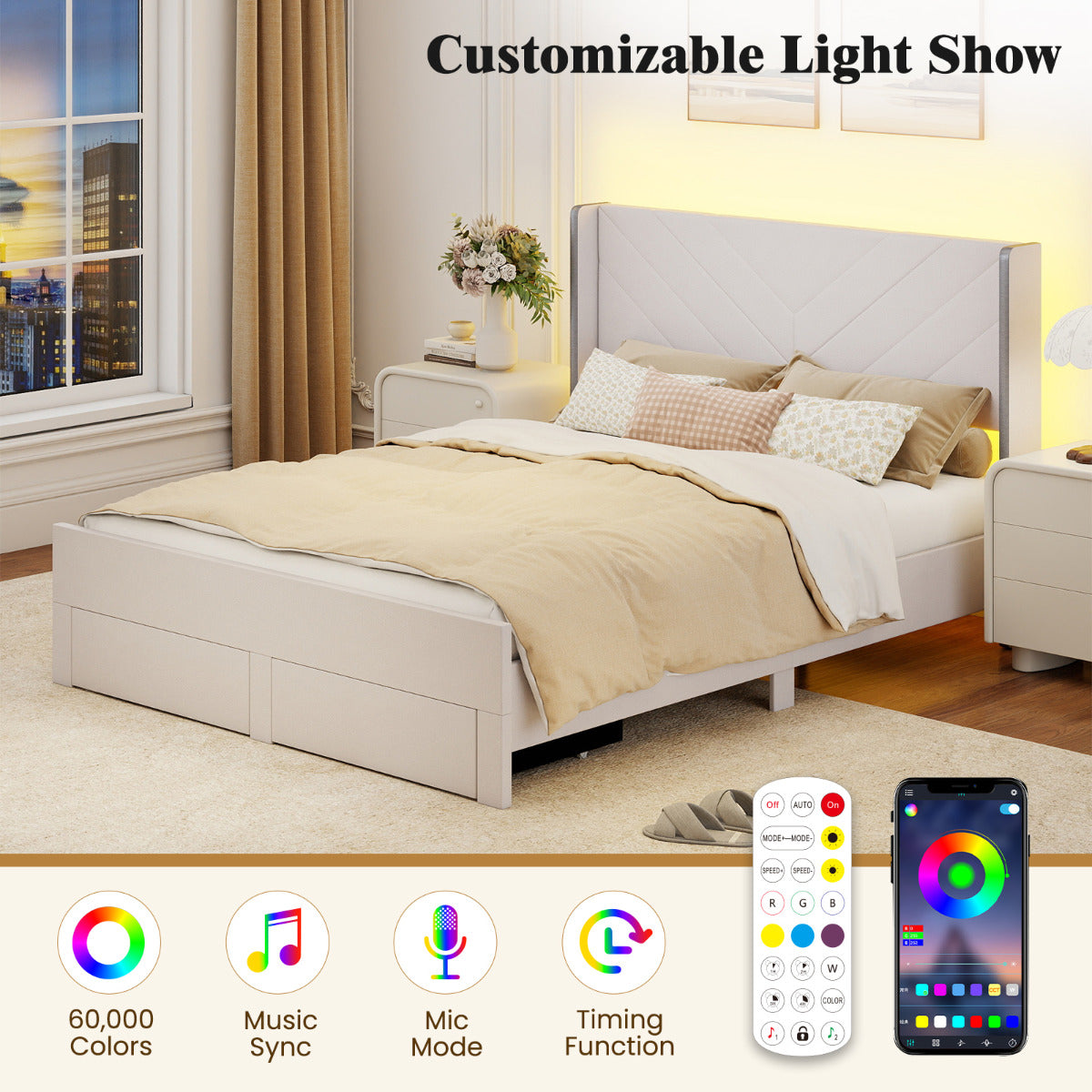 King Size Bed Frame with LED Lights Dutch Velvet Upholstered Platform Bed-Beige
