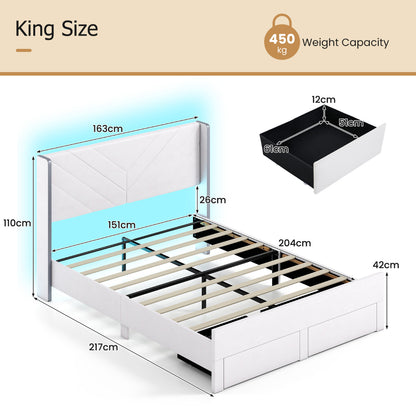 King Size Bed Frame with LED Lights Dutch Velvet Upholstered Platform Bed-Beige