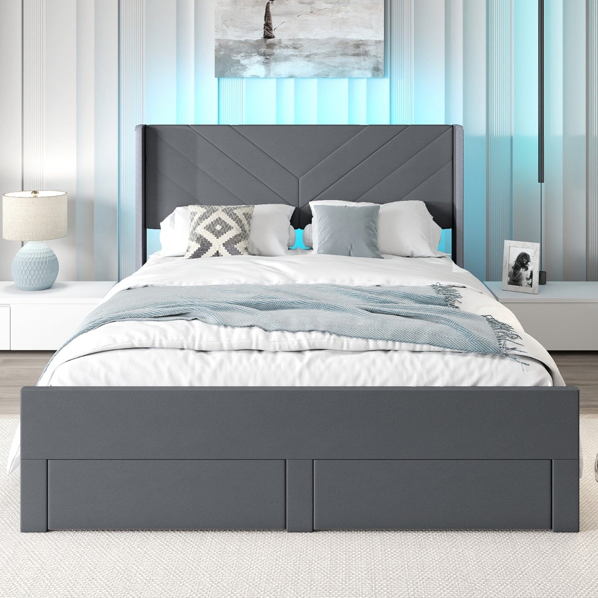 King Size Bed Frame with LED Lights Dutch Velvet Upholstered Platform Bed-Grey