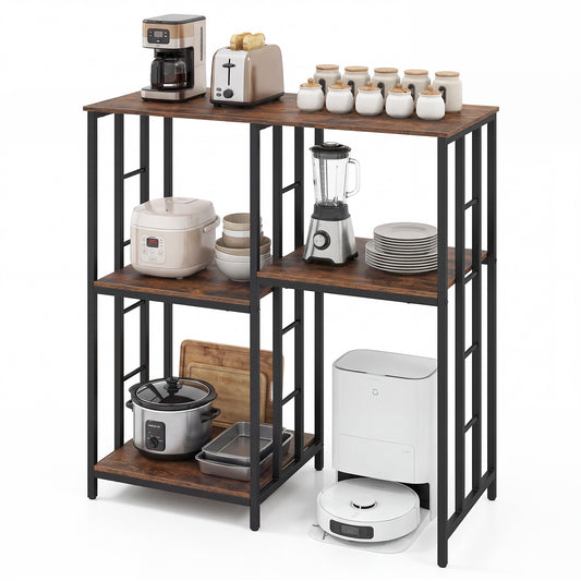 Kitchen Baker's Rack with rustic brown shelves and black metal frame, holding appliances