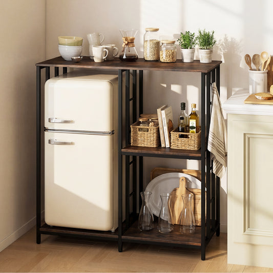 Baker's rack with a mini fridge and kitchen items in a room setting