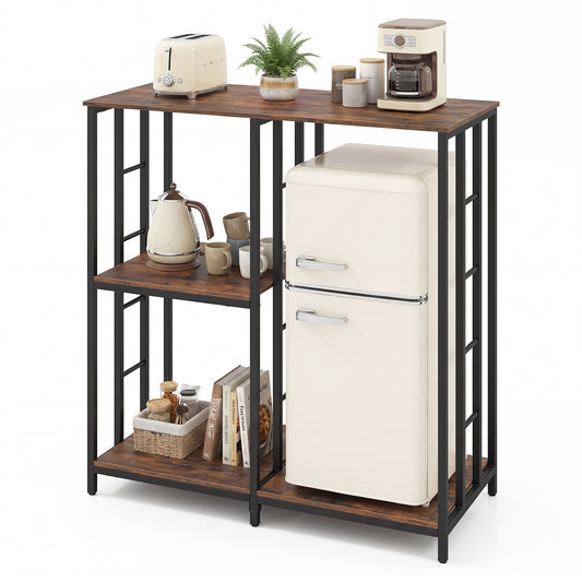 Kitchen Baker's Rack with a mini fridge and shelves in a rustic brown finish