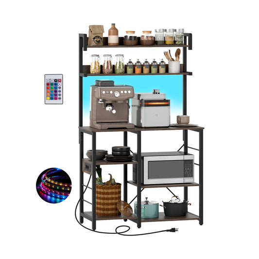 Kitchen Bakers Rack with shelves, power outlet, LED lights and remote control