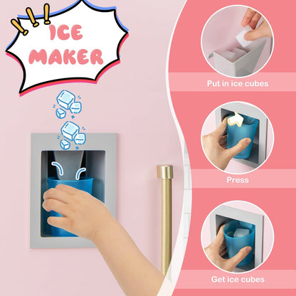 Demonstration of the play kitchen's ice maker function with step-by-step graphics