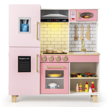 Close-up of the pink play kitchen set showing the oven and hob details