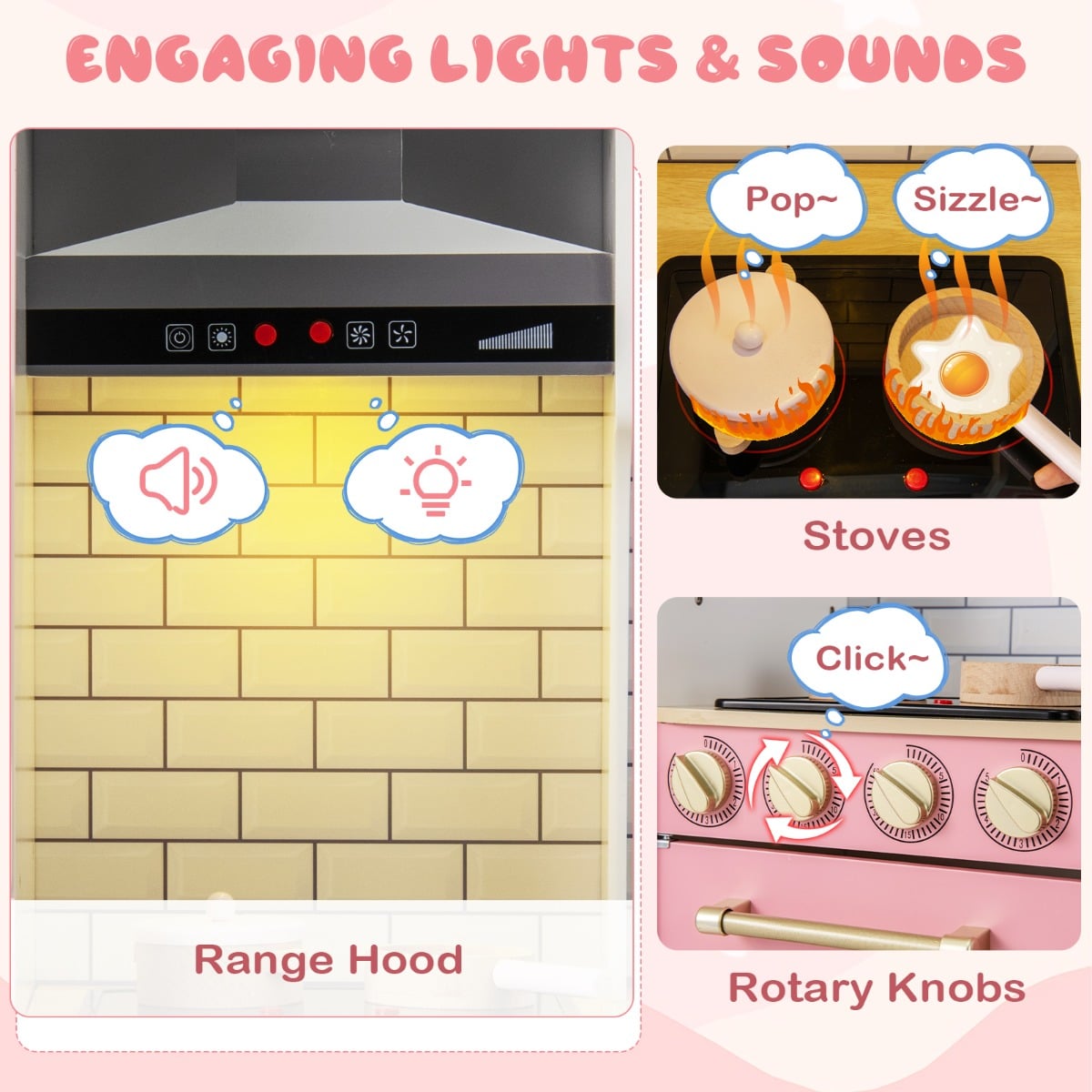Close up of the play kitchen's range hood lights and sounds and rotary knobs