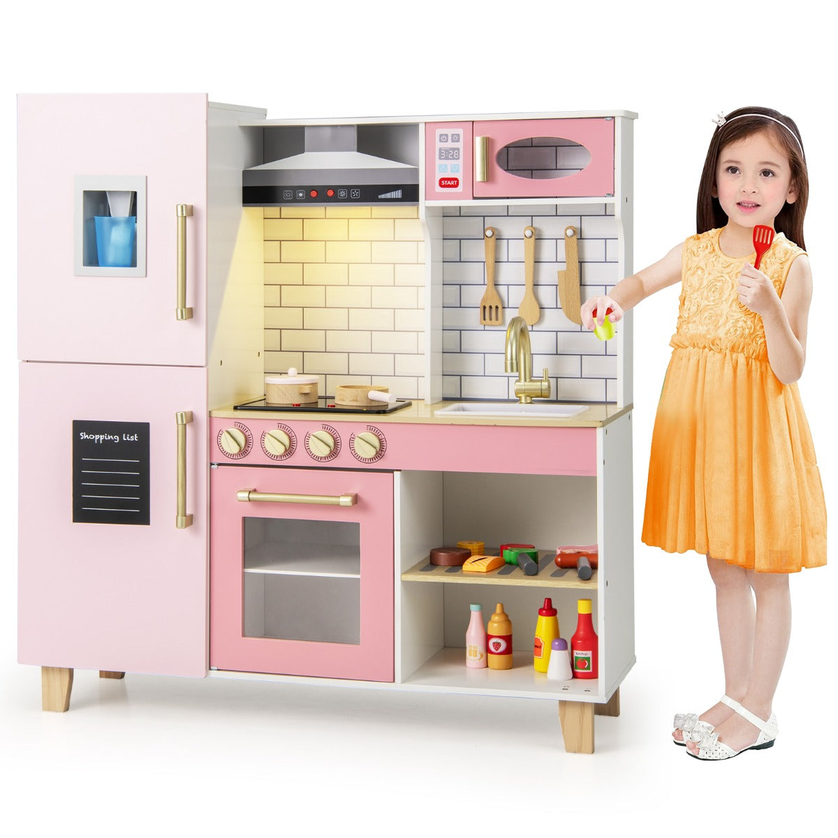 Kitchen Playset for Kids with Realistic Lights and Sounds in pink with a girl standing next to it