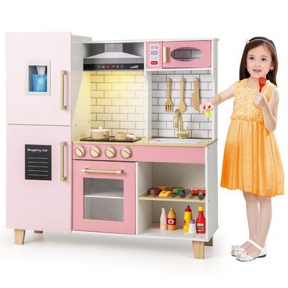 Kitchen Playset for Kids with Realistic Lights and Sounds in pink with a girl standing next to it