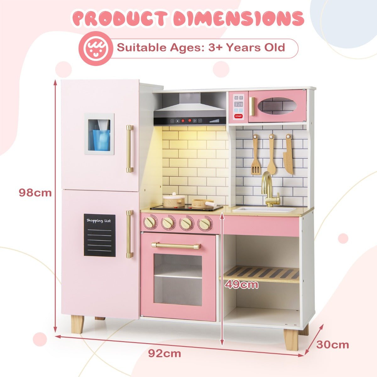 Pink play kitchen set with dimensions shown for height, width and depth