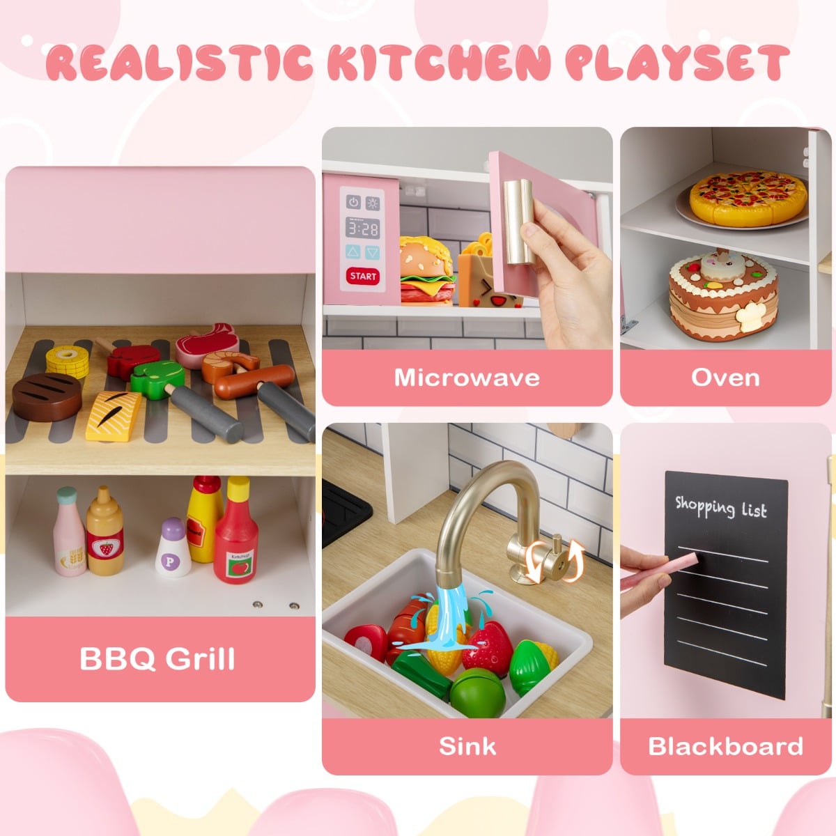 Collage of different features of the pink play kitchen, including BBQ grill, sink and blackboard