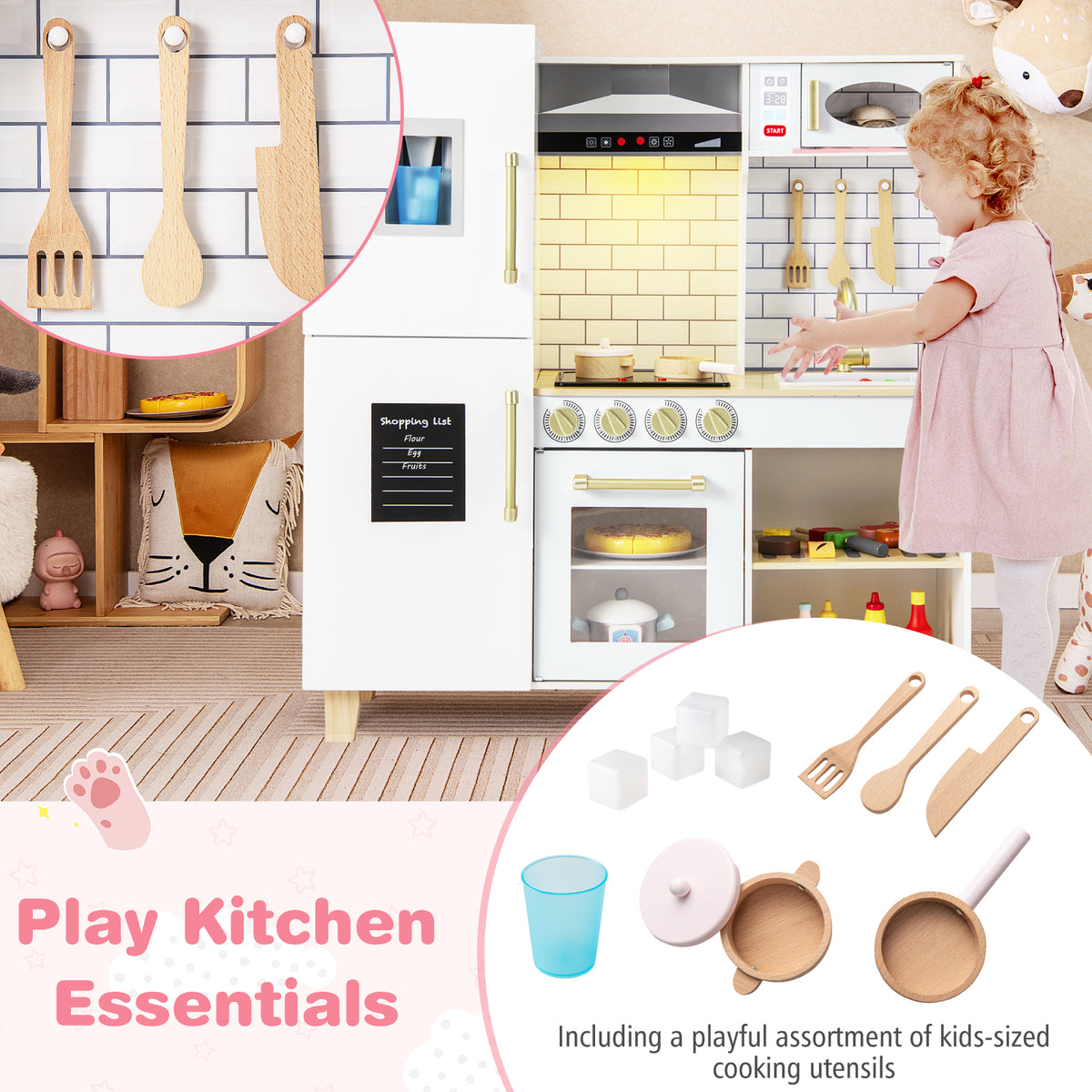 Play kitchen essentials included with the toy kitchen