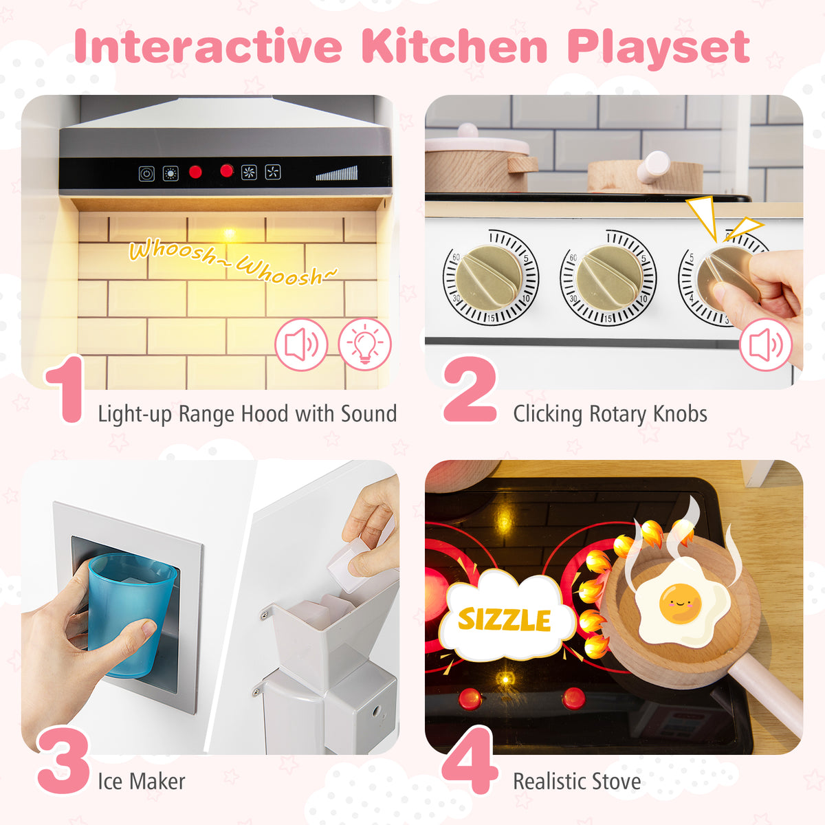 Four interactive features of the toy kitchen set