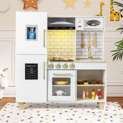 White play kitchen set with accessories on a shelf