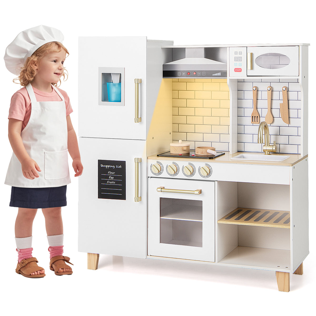 Kitchen Playset for Kids with Realistic Lights and Sounds with a child standing next to it