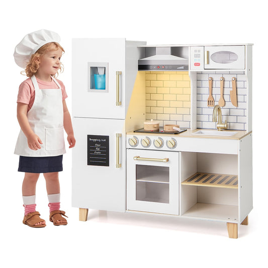 Kitchen Playset for Kids with Realistic Lights and Sounds with a child standing next to it