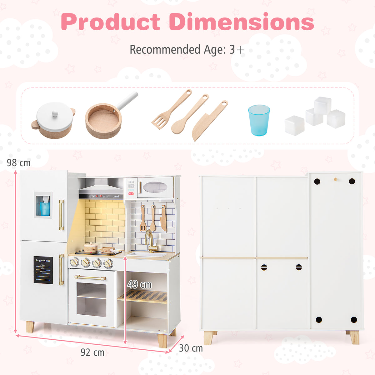 Product dimensions diagram for the white play kitchen set
