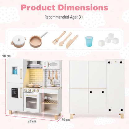 Product dimensions diagram for the white play kitchen set