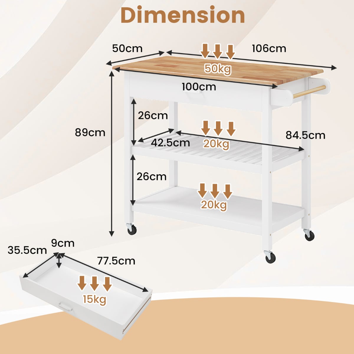 Kitchen Island with Open Shelves and Lockable Casters-White
