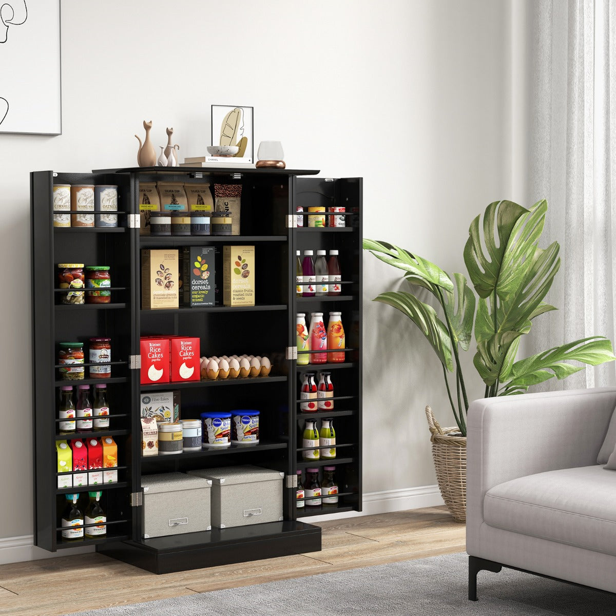 120cm Kitchen Pantry Cabinet with Doors and Adjustable Shelves-Black