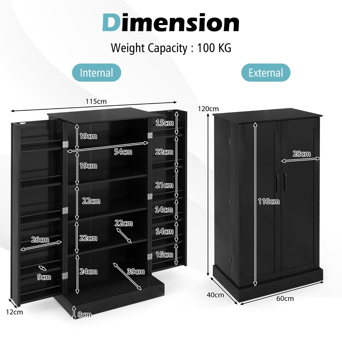 120cm Kitchen Pantry Cabinet with Doors and Adjustable Shelves-Black