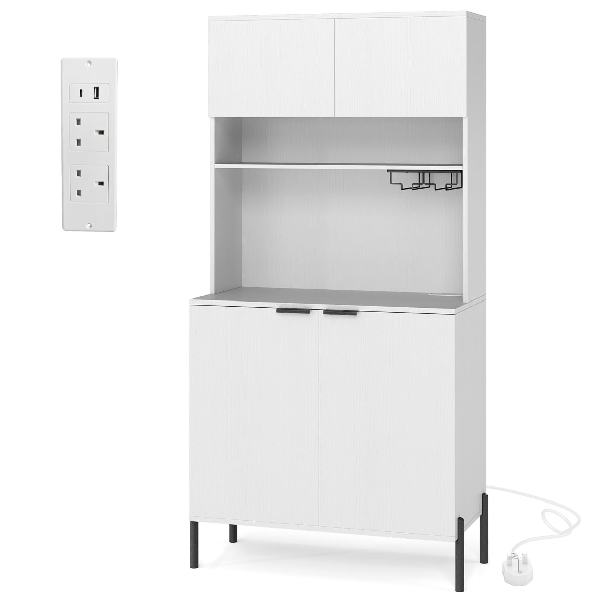 Kitchen Pantry Cabinet with Power Outlets and Wine Racks-White