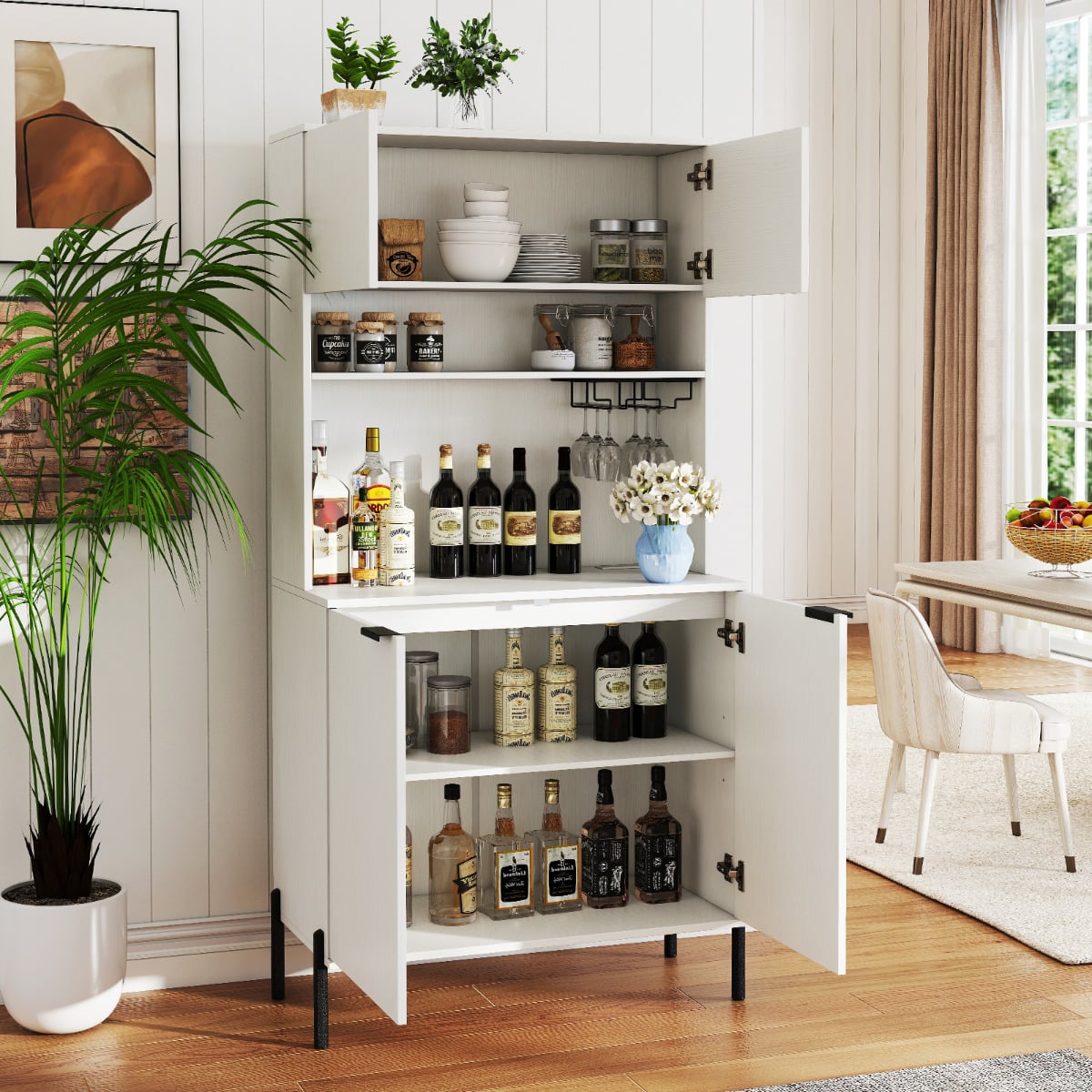 Kitchen Pantry Cabinet with Power Outlets and Wine Racks-White