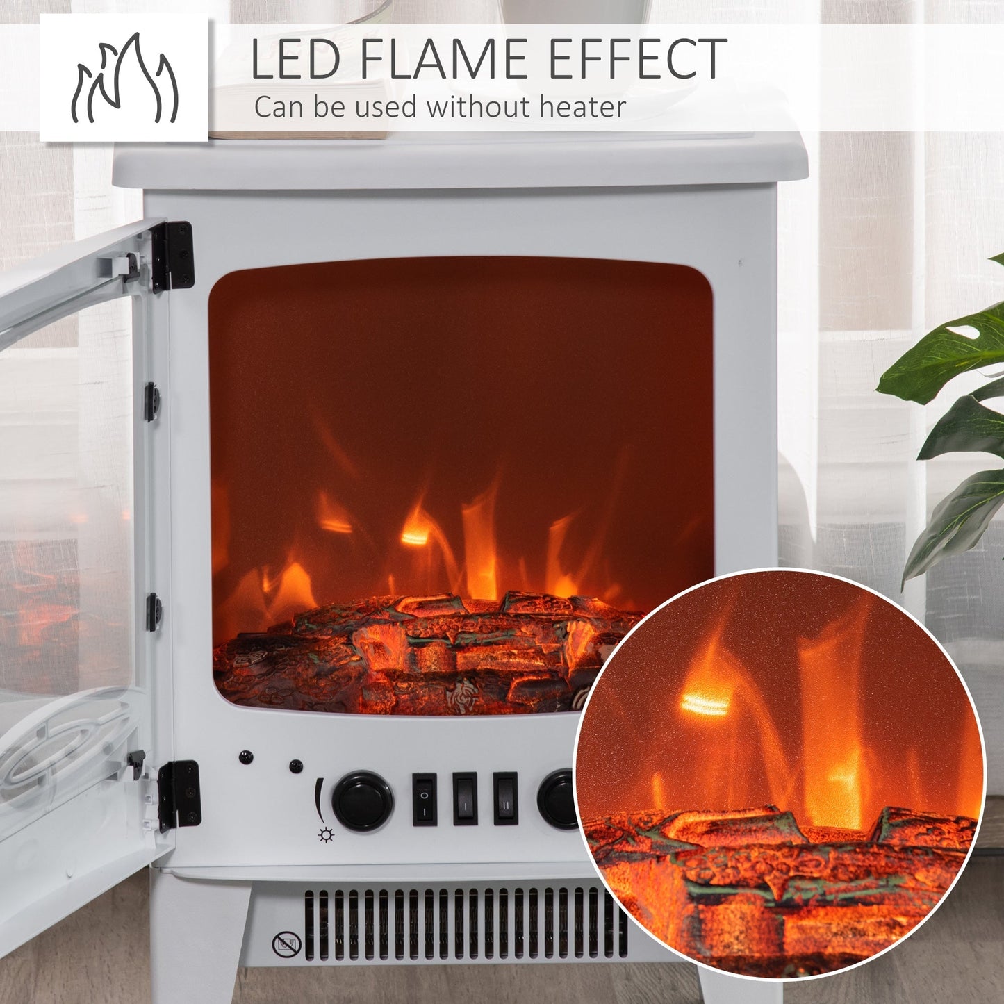 HOMCOM Electric Fireplace Stove, Free standing Fireplace Heater with Realistic LED Flame Effect and Adjustable Brightness, Overheat Safety Protection, 900W/1800W, White
