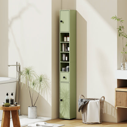 Green slim bathroom cabinet with a drawer and shelves in a modern bathroom setting