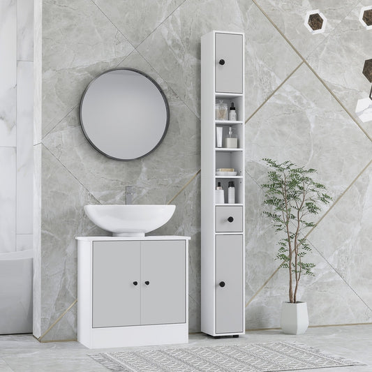 The slim bathroom cabinet in a modern bathroom setting next to a sink and vanity unit