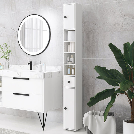 The slim bathroom cabinet shown in a modern bathroom setting next to a vanity unit