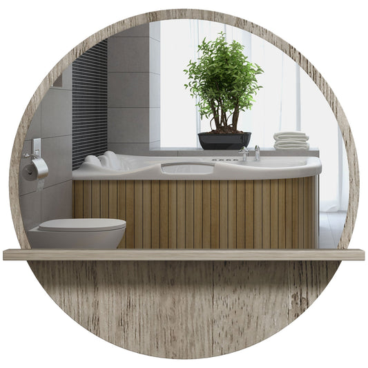 kleankin 45cm Round Home Mirror with a grey wood-effect frame and a small shelf underneath