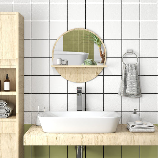 the bathroom mirror mounted on a tiled wall above a white sink in a modern bathroom