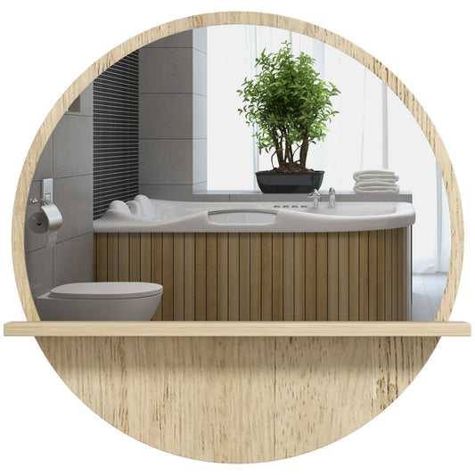 kleankin 45cm Round Home Mirror with a wooden frame and a small storage shelf underneath