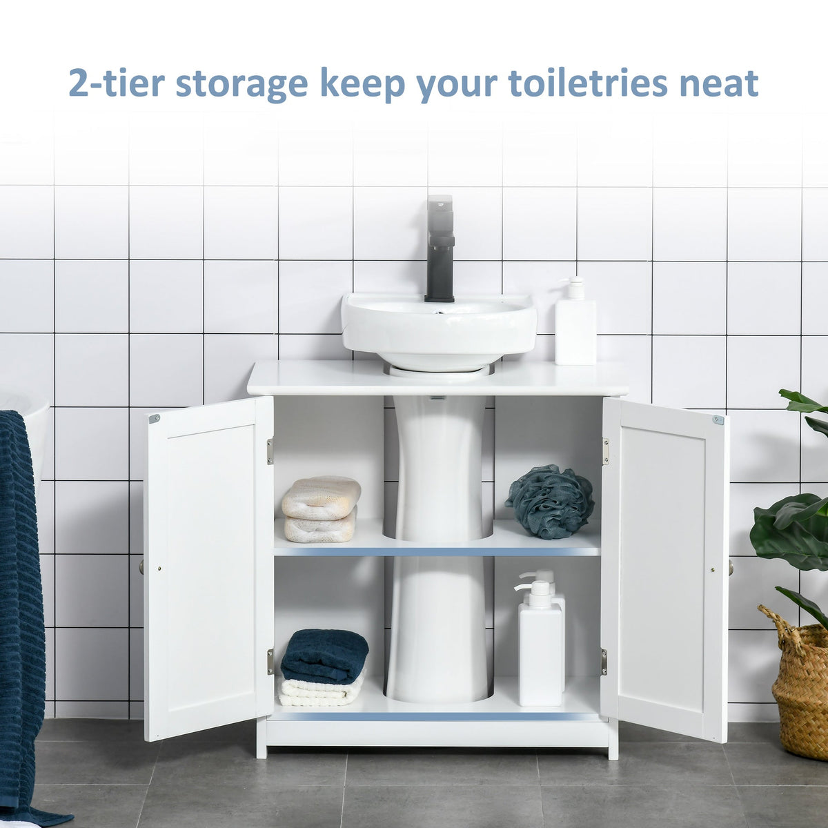 The white bathroom cabinet with doors open showing two adjustable shelves inside
