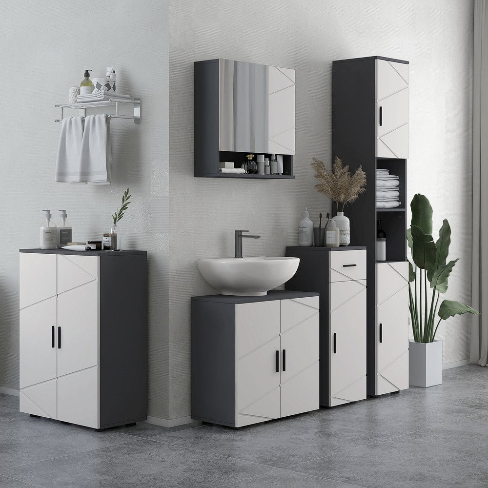 The grey and white bathroom cabinet shown in a bathroom setting with other vanity units and a sink