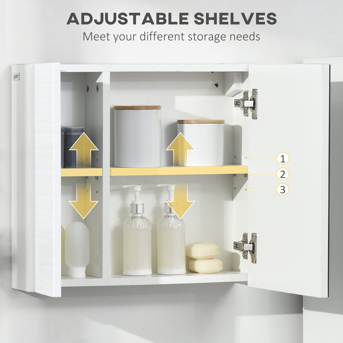 The bathroom mirror with doors open showing the adjustable shelves and storage space