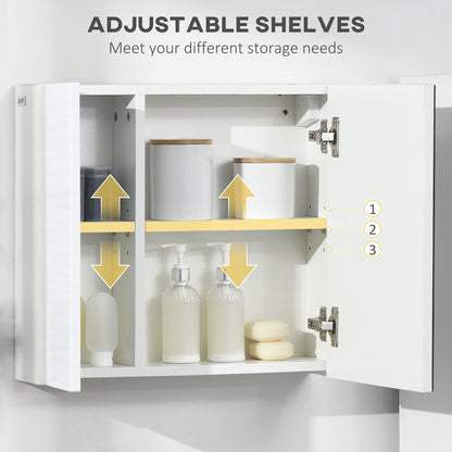 The bathroom mirror with doors open showing the adjustable shelves and storage space