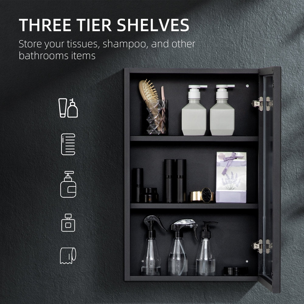 the open bathroom cabinet showing three internal shelves with toiletries