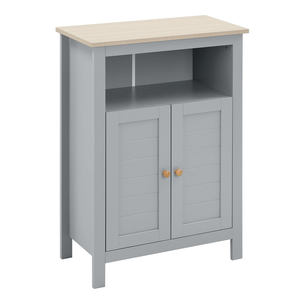 kleankin Bathroom Floor Cabinet with a light wood top and grey double doors
