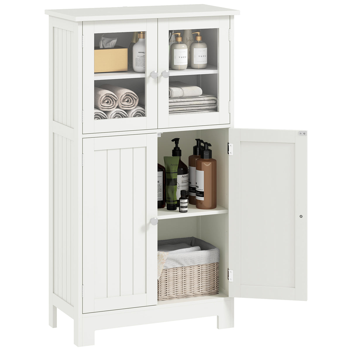 kleankin Bathroom Floor Cabinet, Freestanding Kitchen Cupboard with 2 Drawers, Adjustable Shelves and Tempered Glass Door, Wooden Storage Unit for Living Room Kitchen Hallway