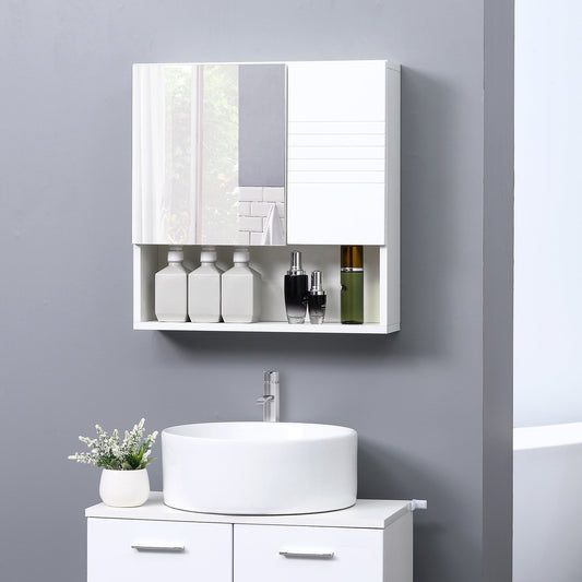 White bathroom mirror cabinet with toiletries on the open shelf