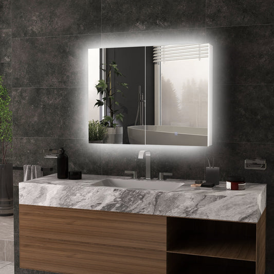 the bathroom mirror cabinet mounted on a dark tiled wall above a marble vanity unit