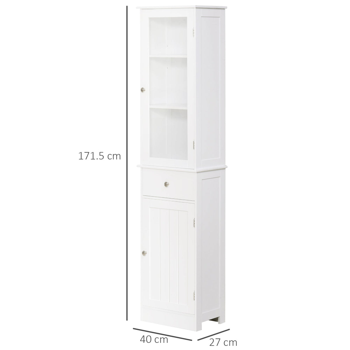 White bathroom storage cabinet with dimensions shown