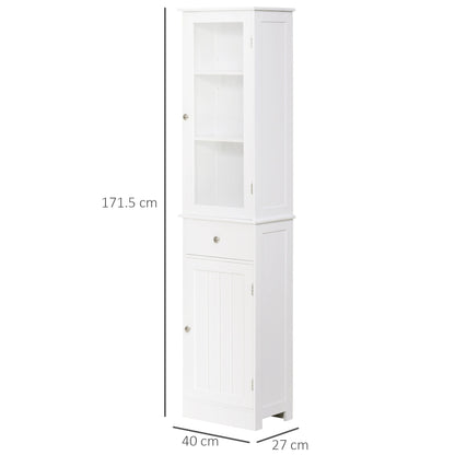 White bathroom storage cabinet with dimensions shown