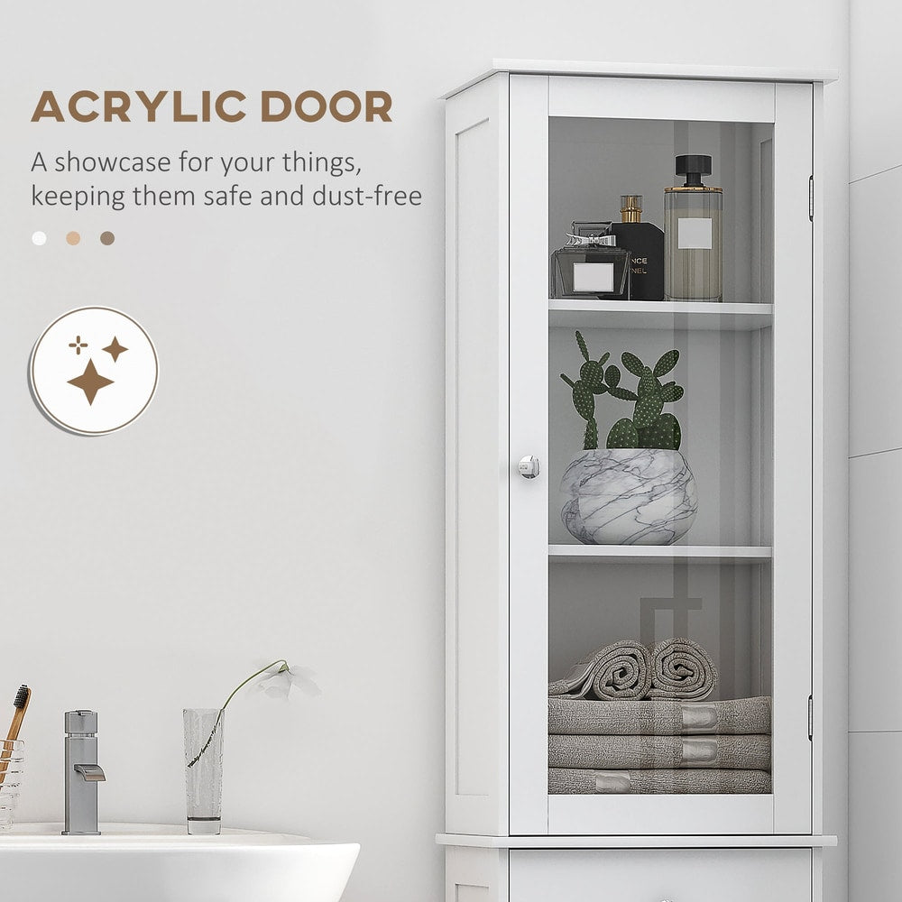 Close up of the glass door on the white bathroom cabinet, showing items stored inside