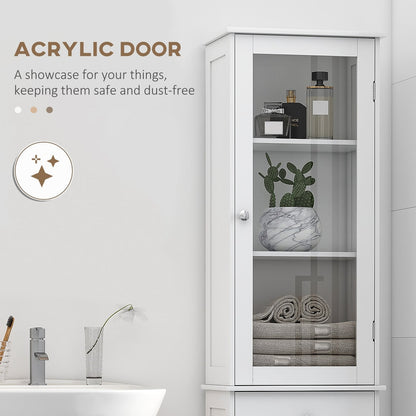 Close up of the glass door on the white bathroom cabinet, showing items stored inside