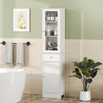 White bathroom cabinet with glass door and drawer, shown in a bathroom setting next to a bathtub
