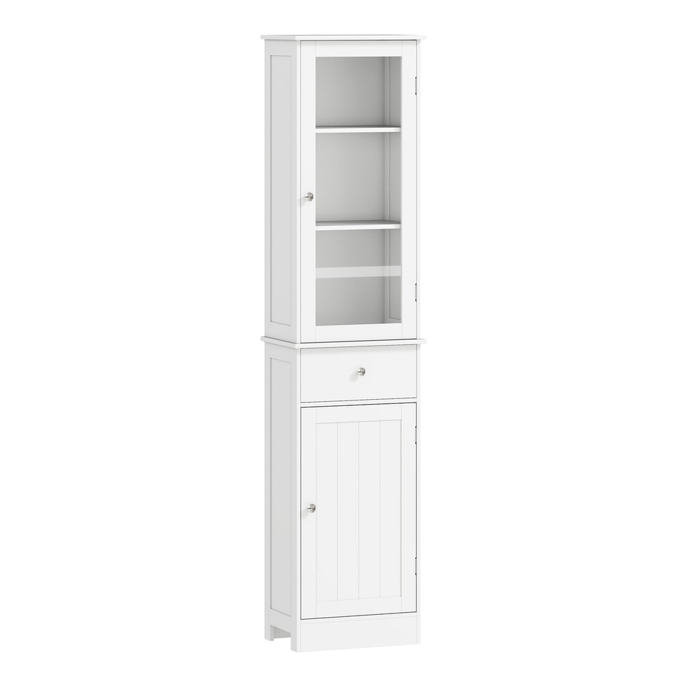 kleankin Bathroom Storage Cabinet with 3-tier Shelf Drawer Door, white, tall and slim design with glass door and solid door